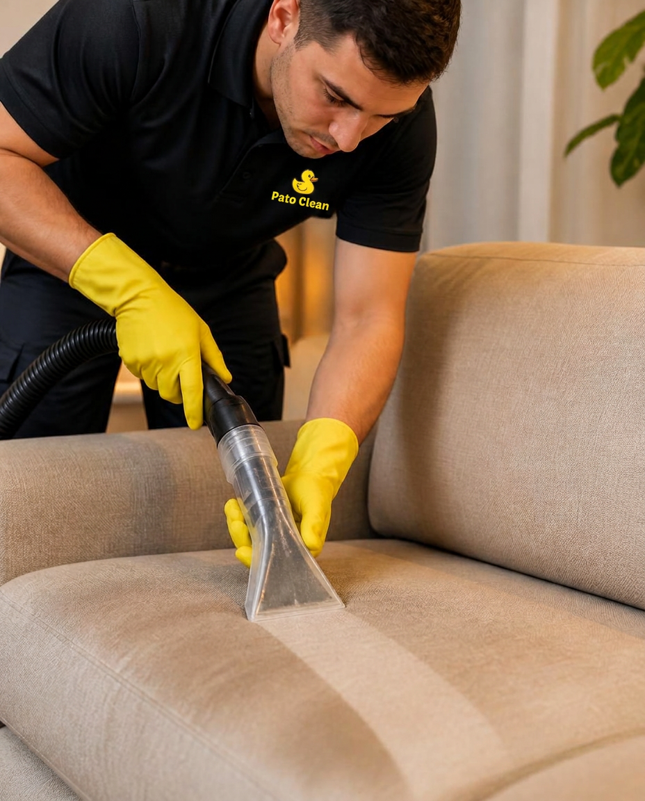 Técnico da Pato Clean higienizando um sofá com uniforme oficial